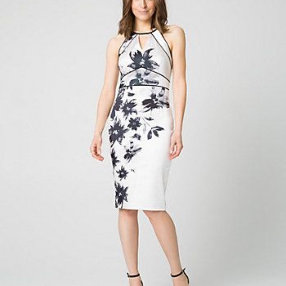 NWT Le Chateau 2X White Black Grey Bodycon Formal cocktail dress stretchy satin